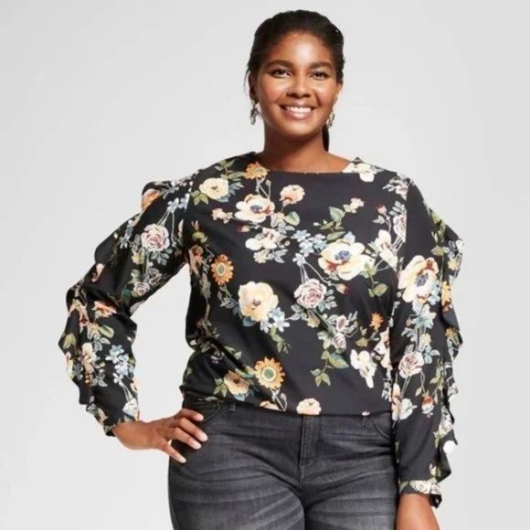 Ava & Viv top X 14W floral print ruffle long sleeve keyhole closure feminine - Picture 12 of 14